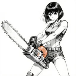 manga sketch of a girl wielding a rotary buzzsaw
