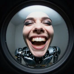 widest fish eye lens extremely close to cyborg's laughing