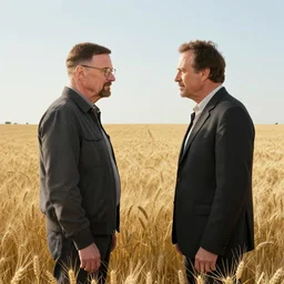 extreme long shot of walter white and gustavo fring stand facing each other from a distance in a wheat field, side view, 3 5 mm photograph, 8 k resolution, wide shot, sharp lens
