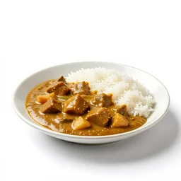 elegant curry with rice, commercial catalog photo, isolated on a pure white background, centered, entire object in frame, sharp focus, soft studio lighting