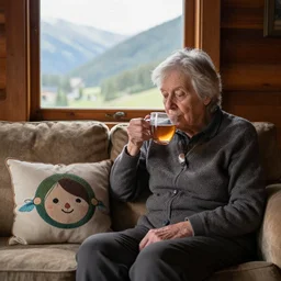 terence hill drinking tea with an elderly lady in his mountain cabin, a cute earth pillow is visible in the couch