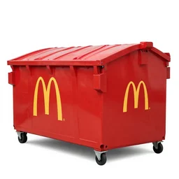 wide red dumpster covered in mcdonalds logos