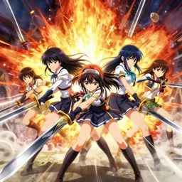 anime girls, epic battle, swords, digital art, trending on art station, 8 k, epic scenery, explosions, perfect drawing