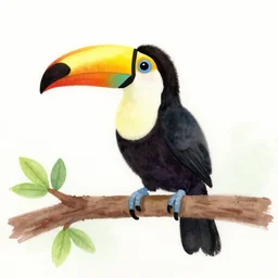 a full toucan on a tree branch, finger paint watercolor by little kid