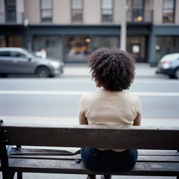 a 35mm photograph from the back of a woman sitting on a bench in Harlem, New York City in the 1960's at sunset, bokeh, Canon 50mm, cinematic lighting, photography, retro, film, Kodachrome, award-winning, rule of thirds, golden hour