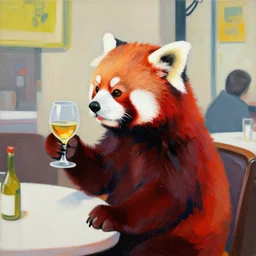 greg manchess painting of a red panda character, holding a wine glass while sitting in a restaurant, medium shot, asymmetrical, profile picture, organic painting, sunny day, matte painting, bold shapes, hard edges, street art, trending on artstation, by huang guangjian and gil elvgren and sachin teng,