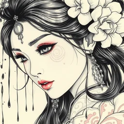 sketchbook retro princess ink drips asian, magnificent, close up, details, sharp focus, elegant, highly detailed, illustration, by jordan grimmer and greg rutkowski, intricate, beautiful, trending artstation, pixiv, digital art