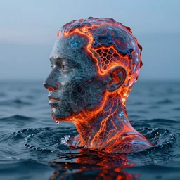 water artwork manipulation in the shape of a human head, on the ocean water, futuristic, neon, magma, ray tracing, realistic water sharp focus, long shot, 8 k resolution, cinematic, surreal water art
