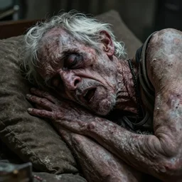 a gaudy and slim, wrinkled, creepy, dark - skinned old man, with white hair, sleeping with his mouth open