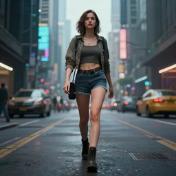 photo of a beautiful woman walking through a cyberpunk city, full body, hyper realistic, 8 k, dslr, unreal engine, highly detailed portrait by laura sava