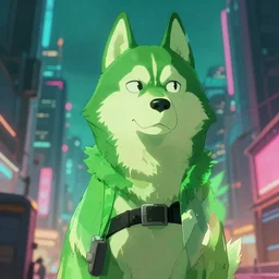 anthropomorphic green husky anime in cyberpunk city, handsome, artstation