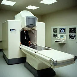 an mri image machine and control panels in the inspection room, film still from the movie directed by denis villeneuve with art direction by salvador dali, wide lens
