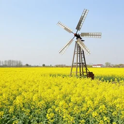 landscape painting of fields of rapeseed and a windpump