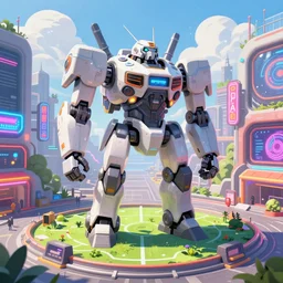 market in japan, cyberpunk style, big mecha - bot in center of field on first plan, bright neon signs, sunny weather, octane render, 3 d render, hard surface, trending on artstation, featured on pixiv, hyper - detailed, hd, hdr, 4 k, 8 k