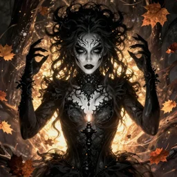 beautiful stella maeve magician, black magic spells, in the style of rafeal albuquerque comicbook cover art, phil noto, creepy pose, spooky, symmetrical face and body, volumetric lighting, cinematic lighting, detailed realistic symmetrical eyes, insanely detailed and intricate elegant, autumn leaves, artgerm