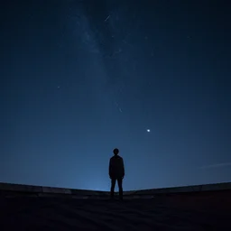a person on a rooftop looking up at the sky at night with a shooting star, highly detailed, beautiful, mega detailed,