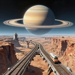 a retro futurism elevated railway in a space colony on a massive scale canyons planet, ringed planet on the horizon by robert mccall and john berkey | ralph mcquarrie :. 5 | unreal engine :. 3