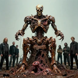 movie still of dead hell machine, goilath, improbable throned, rusted, macerated, eviscerated by wires, gangrene pit, fungal pit, by alberto bontempi, shigeru komatsuzaki, wayne d barlowe, alex ross, simon bisley & boris vallejo, enric torres, hyper realism, cinematical