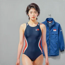 a painting of a Japanese woman wearing racing competitive swimsuit, worksafe, by Beeple.