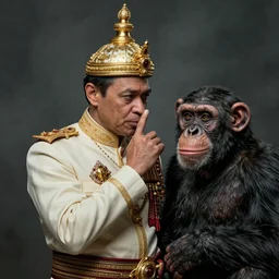 a portrait of King Vajiralongkorn picking his nose next to a chimpanzee, realistic faces, grimdark extremely detailed fantasy art by Gerald Brom, octane render