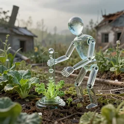 A glass automaton tending to the vegetable garden in a dystopian recovering post-apocalyptic world