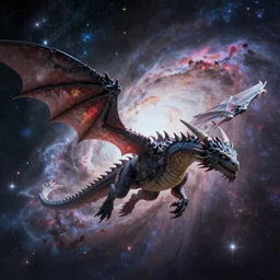 an alien dragon flying in outer space, epic nebula