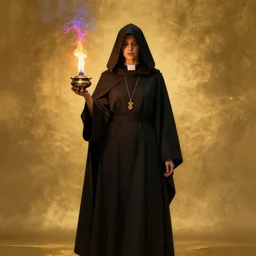 ( a priestess with a hood that covers half her face carries an incense burner that emits a pleasantly colored flame. ) by anato finnstark, photorealistic, fullbody portrait, dynamic lighting, beautiful, trending on artstation, wallpaper, 4 k, award winning, digital art, golden huese