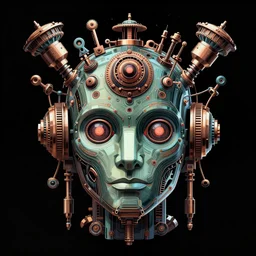 hyperdetailed portrait of a psychedelic steampunk robot head, 8 k, symetrical, halluzinogenic, meditative, vector art, black background