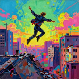 realistic detailed image of a man jumping of a roof of ruined city, corrupted oversaturated 4 k uncropped photo by arthur rackham and francis bacon, high quality, ultra detailed. masterpiece, oil on canvas painting, pixel sorting, glitch, datamosh. bold and vivid acid neon colors. 8 k