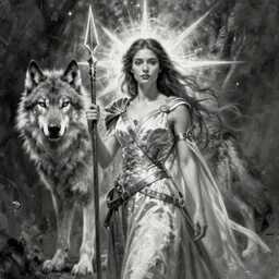 painted portrait of a woman with a magic spear standing in front of her guardian wolf, in monochrome