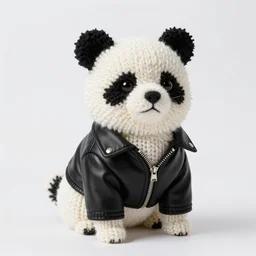 charismatic Knitted panda style Pomeranian in black leather jacket