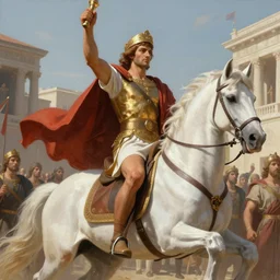 a olimpic hero from ancient times, entering triunphantly a city mounted in a white horse. full of pride. victorirous. prideful.. intricate, elegant, highly detailed, digital painting, artstation, concept art, sharp focus, illustration, by justin gerard and artgerm, 8 k