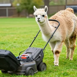 llama pushing a lawn mower's handles with its head, mowing the lawn, llama mowing the lawn