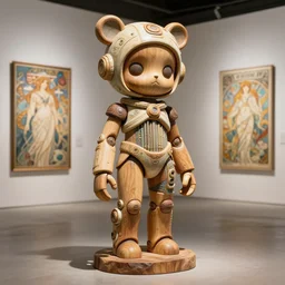 octane render ultra photorealistic hyper detailed, a very very sculpture cute wooden and ceramic mystical statue robot of the roman organique cyberpunk a contemporary art gallery in neo tokyo artwork alphonse mucha