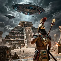 An Aztec warrior watching ominous alien spacecraft flying above the Aztec temple. Intense dramatic epic sci-fi cinematic concept artwork in the style of Jacek Pilarski and Greg rutkowski and Sylvain Lorgeou. Trending on artstation