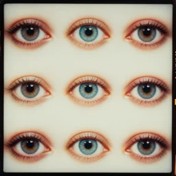 kodak portra 4 0 0, wetplate, muted colours, long shot, macro photo of a colourful 1 9 2 0 s variations of human eyes
