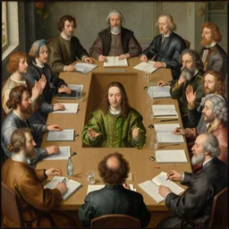 a renaissance painting of a psychedelic conference of modern scientists / professors / researchers, high detail