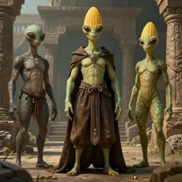 costume design made by corn aliens, sophisticated composition, old masters light composition, procedurally generated, character posing for concept art, ancient ruins behind, substance designer, PBR, HD, Ultra detailed, hyperrealistic, megascans, volumetric light, concept by master artist, made in paint tool SAI2, trending pixiv face