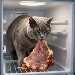 british blue shorthair cat eating a large ham, in a fridge, illustration by beatrix potter