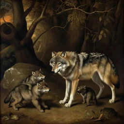 a wolf protecting his cubs in the style of the old masters