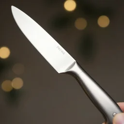 A stainless steel knife, highly detailed, bokeh, 90mm, f/1.4