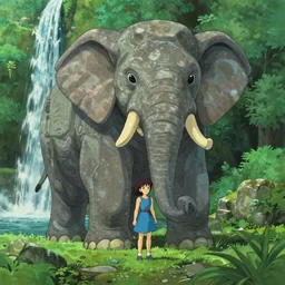 a giant elephant stone golem in a lush landscape, a blue warrior girl in front of it, waterfalls on the left, epic, in style of studio Ghibli