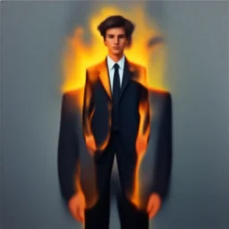 a hyper realistic painting of a calm young man in a burning business suit, his clothes are burning, full body painting, long shot, coherent symmetrical eyes, by jeffrey smith, by andrea kowch, by steve henderson, masterpiece, trending on artstation,