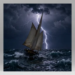 a storm in the sea, dark night, lightning, big waves, sailboats, bluish color, dramatic lighting, ivan aivazovski, studio photograph, turner
