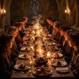 feast for hundreds of people. candles, warm ambient light, hogwarts, beautiful, stone walls, hot food, delicious, steaming food on plates, gluttony
