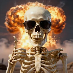 beautiful portrait of skeleton in sunglasses with thumbs up in the center, nuclear explosion in the background, trending on Artstation, realistic, HD, 4K, five fingers, highly detailed, high quality, heat smoke, reflections, anatomically accurate skull