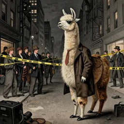a personified anthro llama ( with llama face ) wearing a 1 9 4 0's noire detective outfit, standing in the streets of a big city at night during the 4 0 s, looking at a crime scene, styles of crime scene photography d & d, fantasy, intricate, artstation, matte, sharp focus, illustration, zdzisław beksinski, gustave dore, caravaggio, abduzeedo