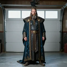 a bearded king of the sea standing in his garage
