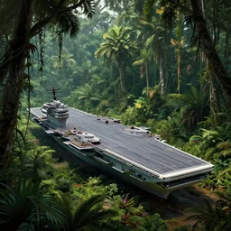 aircraft carrier USS Nimitz laying on the ground of a tropical forest, overgrown with vegetation, hanging vines, post appocalyptic, by Luis Royo, by Greg Rutkowski, dark, gritty, intricate, cover illustration, concept art, volumetric lighting, volumetric atmosphere, sharp focus, octane render, trending on artstation, 8k