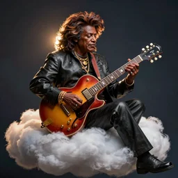 b. b king, sitting in a fluffy cloud, playing an electric semi - hollow guitar. beautiful realistic sculpture, dramatic, moody